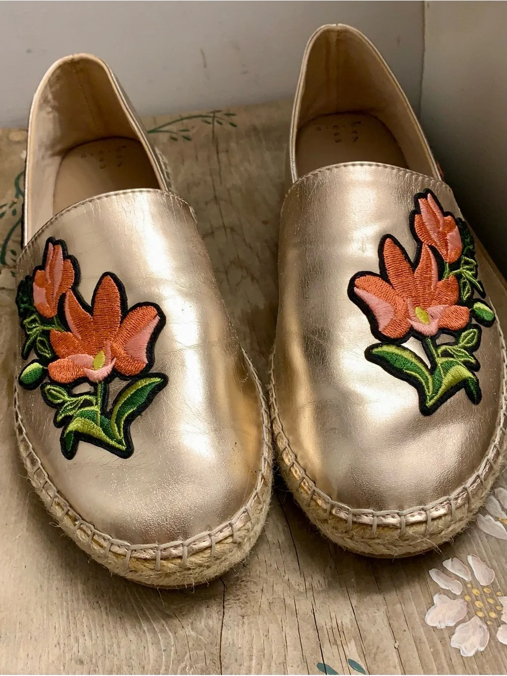 a new day Gold Espadrille Slip-Ons with Pink Floral Applique